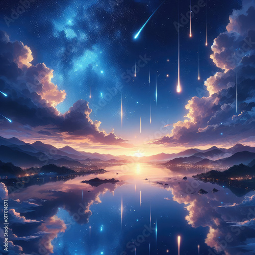 Generative AI, the sight of a meteor shower on a beautiful night with a dark sky dotted with soft light emanating from stars that sparkle like diamonds, beautiful meteor shower, cool anime landscape
