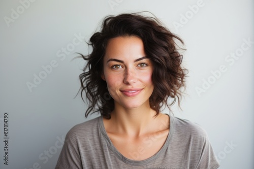 Portrait of a tender woman in her 30s smiling at the camera isolated in minimalist or empty room background