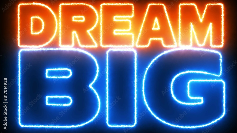 Dream Big text font with light. Luminous and shimmering haze inside the letters of the text Dream Big. Dream big neon sign. Dream Big text font with light. Luminous and shimmering haze inside the letters of the text Dream Big. Dream big neon sign.