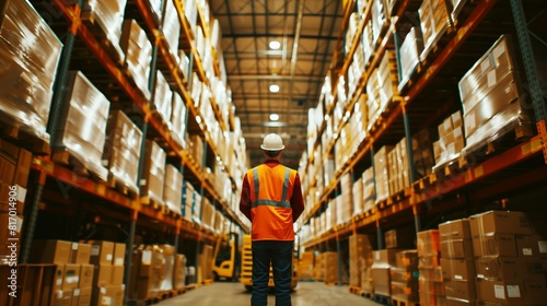 A warehouse worker in a high-visibility vest and hard hat stands in the center aisle of a large warehouse full of stacked pallets and boxes, reflecting an organized storage area.