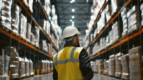 A worker in a high-visibility vest and hard hat inspects a large warehouse filled with shelves of stacked goods, illustrating industrial logistics and inventory management.