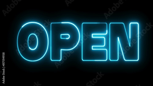 Open text. Neon blue electric effect on letters. Online shop  blog  web  cafe  hotel. Open neon sign.