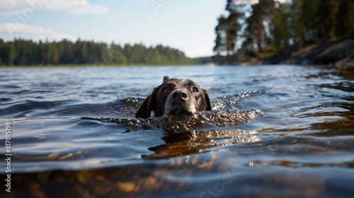 A black german shorthaired pointer swims confidently through a peaceful lake surrounded by lush woodland. photo