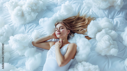 A woman with long, flowing hair is peacefully sleeping on a bed surrounded by fluffy white clouds, evoking a sense of tranquility and dreaminess.