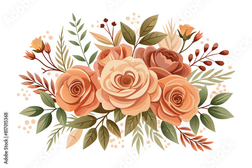 Peach roses and leaves Watercolor floral arrangements vector illustration  