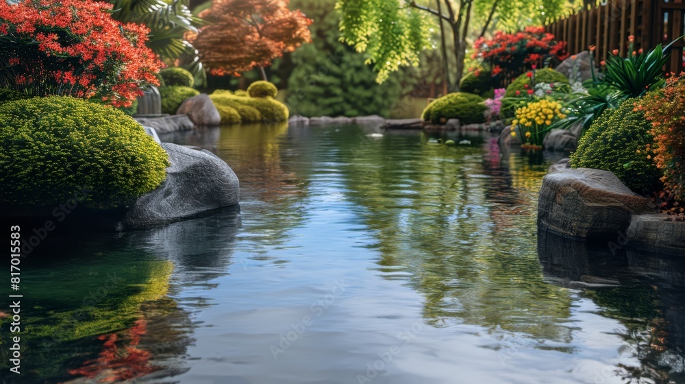 Japanese garden with pond, koi fishes in water and trees and flowers around Japanese garden with pond, koi fishes in water and trees and flowers around