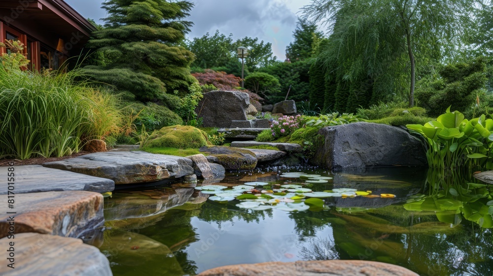 Japanese garden with pond, water lilies on calm water and green trees around Japanese garden with pond, water lilies on calm water and green trees around
