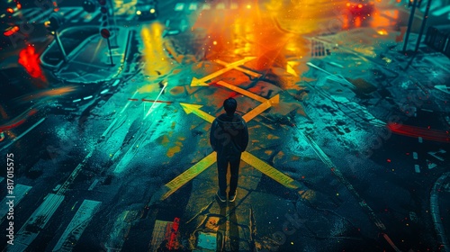 A person standing at an intersection with multiple yellow arrows pointing in different directions, representing the feeling of lost and confused. photo