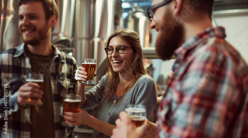 Group of friends enjoying craft beer in a brewery, sharing laughs and drinks while standing next to brewing equipment. photo