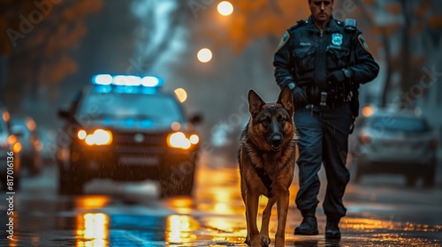 A Police dog walk side by side with police officer and police cars blurred in the background. photo