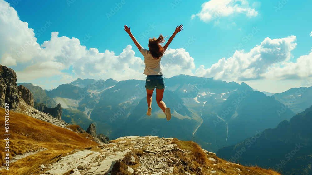 A person leaps joyfully off a mountain cliff, surrounded by a breathtaking panoramic view of rugged mountains and a bright blue sky with white clouds. A person leaps joyfully off a mountain cliff, surrounded by a breathtaking panoramic view of rugged mountains and a bright blue sky with white clouds.