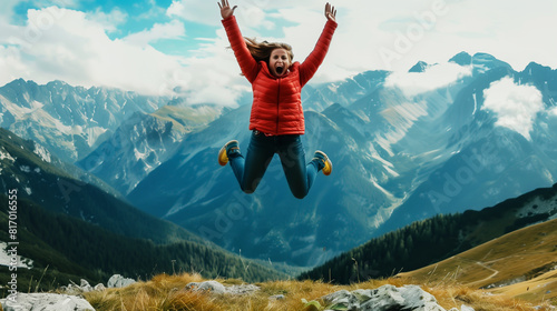 A joyous individual in a red jacket leaps high with arms outstretched against a stunning mountain landscape, emphasizing adventure and freedom.