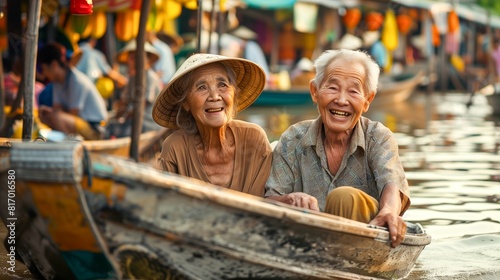 Two elderly people sitting on a boat in the river Surrounded by boats and various stalls, the boat market