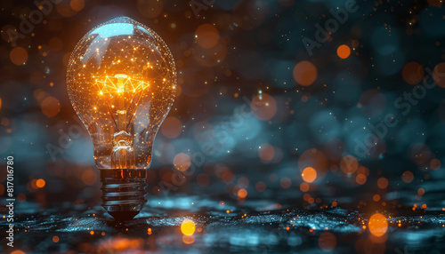A light bulb is lit up in a blurry, glowing light by AI generated image