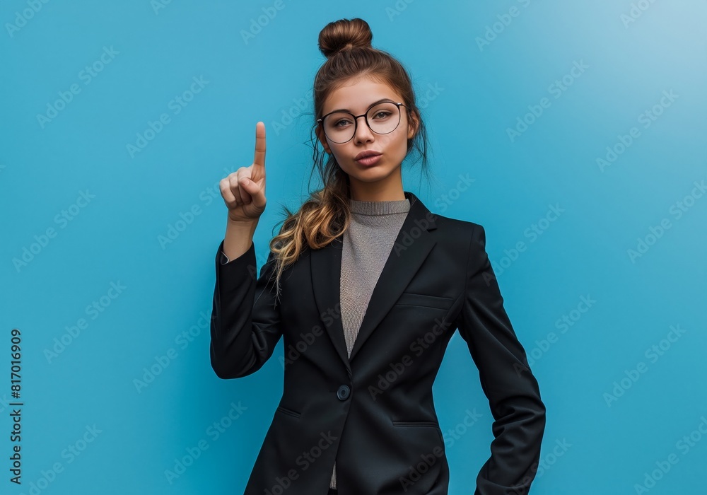Young business woman in suit and glasses with hair bun pointing finger up isolated on blue background, standing confident looking at camera showing one hand gesture Young business woman in suit and glasses with hair bun pointing finger up isolated on blue background, standing confident looking at camera showing one hand gesture