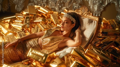 A beautiful woman laying on an elegant throne made out of gold bars, surrounded by piles of solid gleaming gold