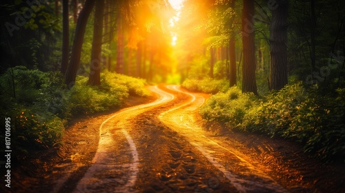 Winding forest road leading to a bright light, symbolizing hope and new beginnings. The road winds through the forest towards a bright light