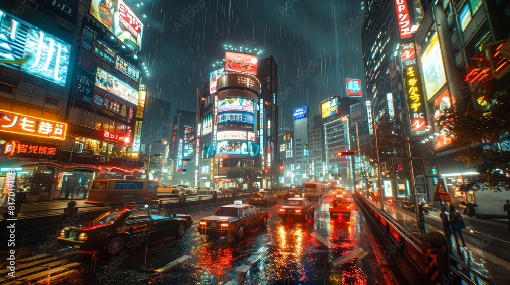 A futuristic Tokyo cityscape at night, with neon lights and bustling traffic on the streets, raindrops