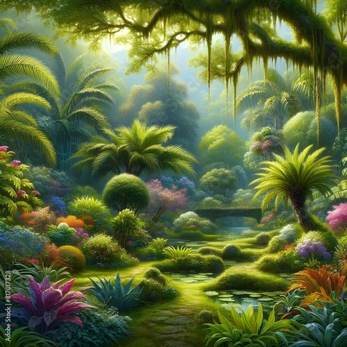 Lush  botanical garden  filled with exotic plants  landscape painting