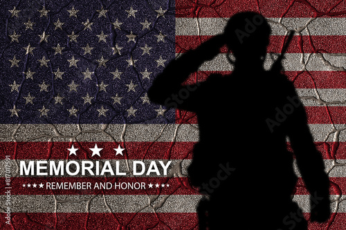 Flag of United States painted on the cracked wall with soldier shadow. Memorial Day concept. 3d-rendering photo