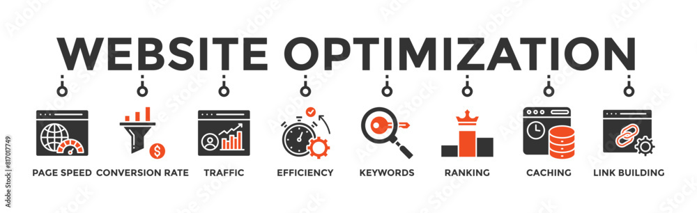 Website optimization banner web icon vector illustration concept with icon of page speed, conversion rate, website traffic, efficiency, keywords, ranking, caching, link building Website optimization banner web icon vector illustration concept with icon of page speed, conversion rate, website traffic, efficiency, keywords, ranking, caching, link building