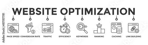 Website optimization banner web icon vector illustration concept with icon of page speed, conversion rate, website traffic, efficiency, keywords, ranking, caching, link building