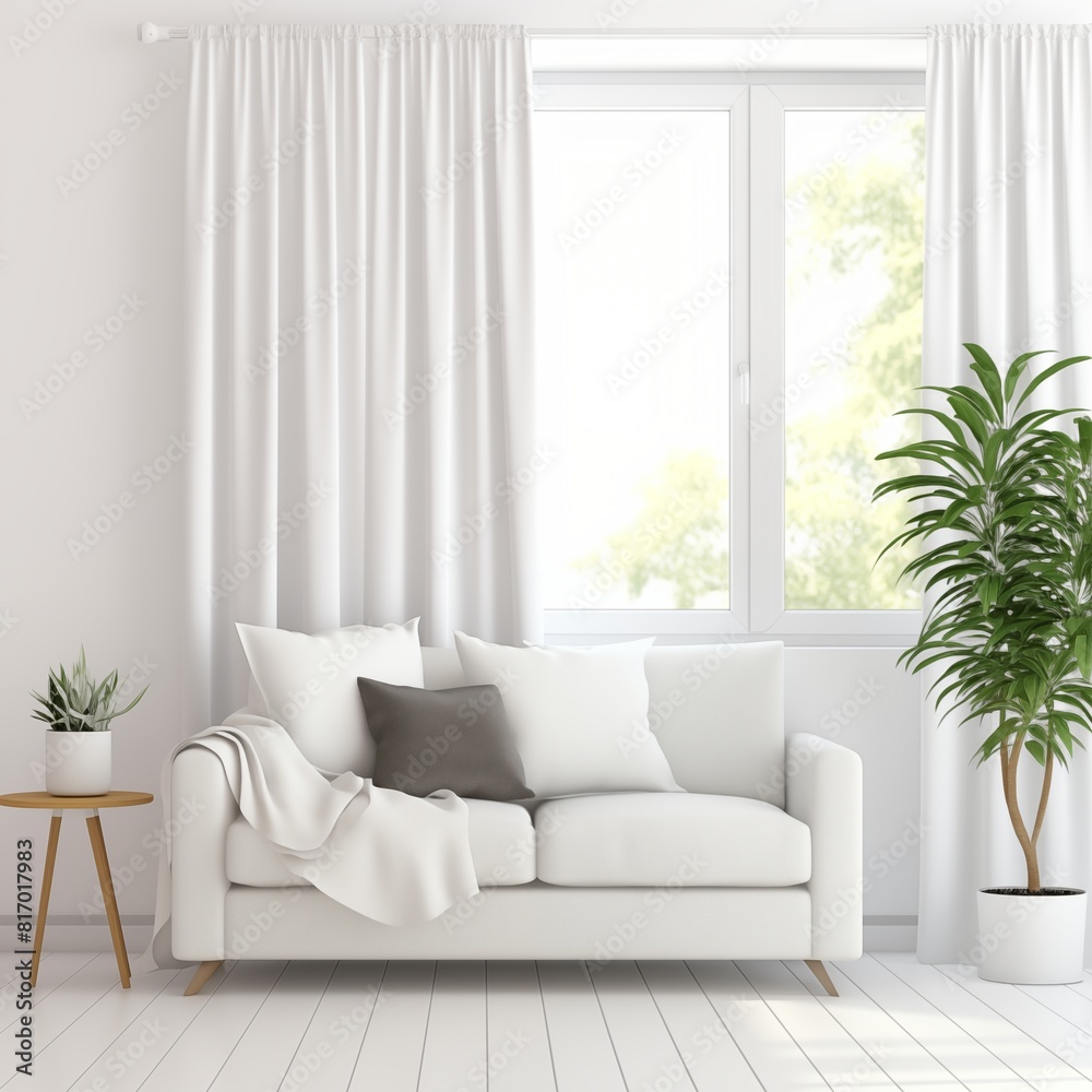 Fototapeta premium white room with white floor with white wall and white curtains on the window
