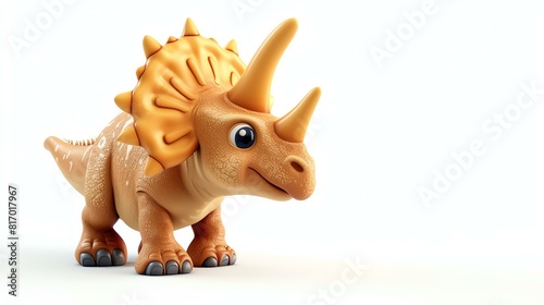 Cute and friendly cartoon dinosaur. The dinosaur has a brown body  yellow horns  and a yellow frill.