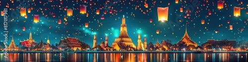 Vibrant Lantern Festival Lighting Up the Night Sky Over a Picturesque Thai Temple