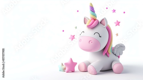 A charming and vibrant 3D illustration of a cute unicorn  rendered in vivid colors  standing proudly on a pristine white background. Perfect for adding a touch of magic and whimsy to any pro