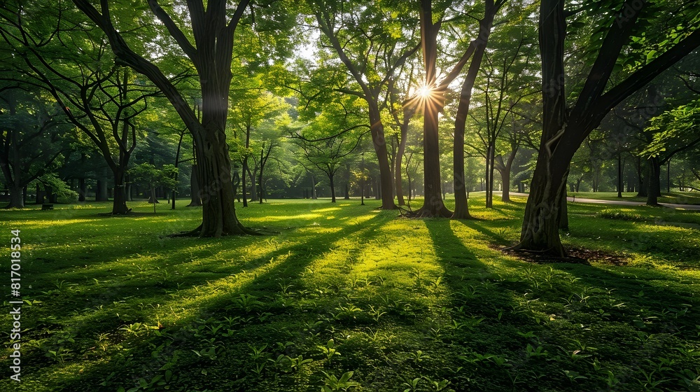 Lush green forest with dappled sunlight cascading through the dense foliage,creating a serene and