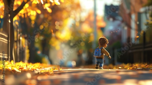Little boy walking away in the middle of the road covered with fallen leaves in autumn