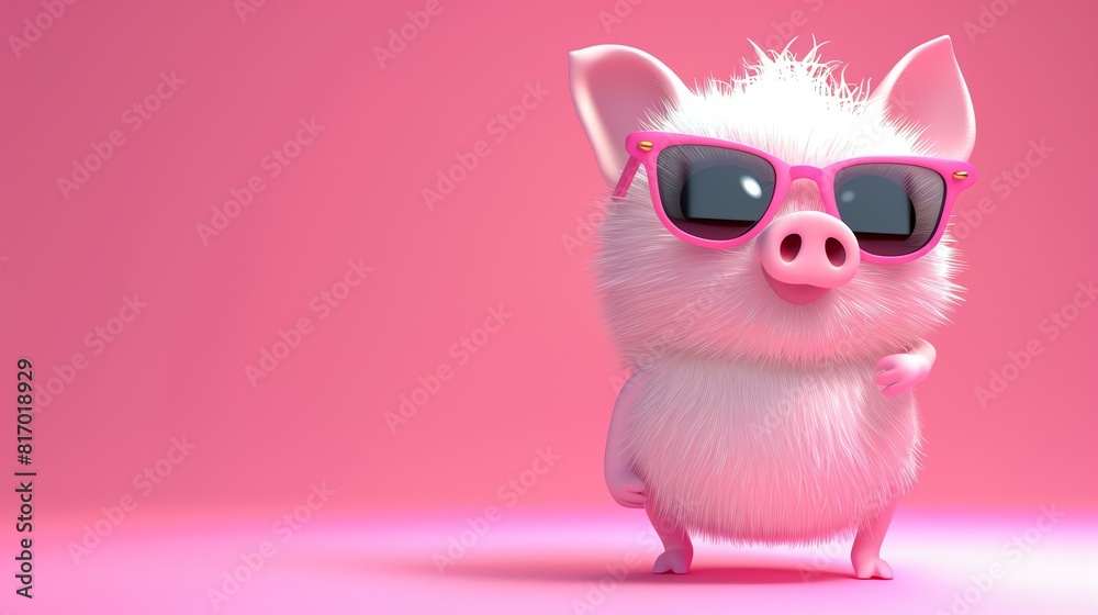 3D rendering of a cute and fluffy pink pig wearing sunglasses, standing on a pink background.