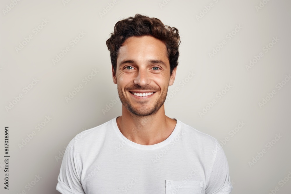 Portrait of a glad man in his 30s smiling at the camera in front of minimalist or empty room background Portrait of a glad man in his 30s smiling at the camera in front of minimalist or empty room background