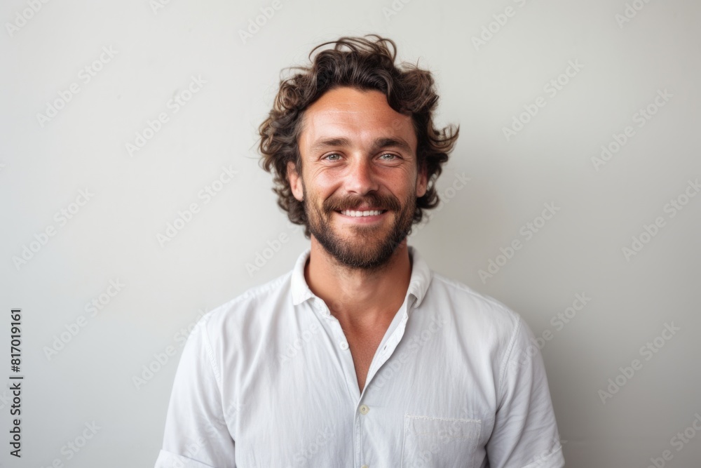 Portrait of a glad man in his 30s smiling at the camera on minimalist or empty room background
