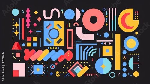 Abstract geometric shapes and lines in a colorful and playful composition. Simple and bold design with bright colors.