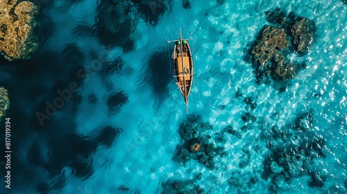 Amazing view of a small boat sailing in crystal clear blue ocean water with beautiful coral reefs. © stocker
