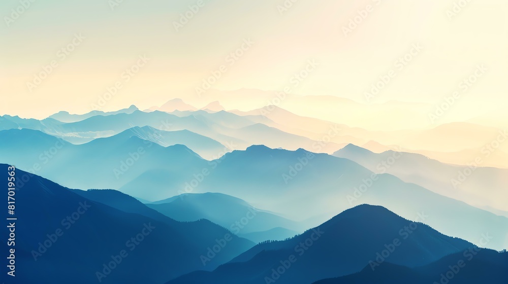 Blue and white landscape of mountains in the distance with a foggy haze.