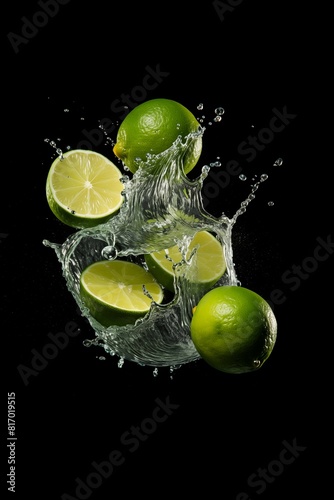 Fresh lime,fall in water,splash,commercial photography,dark background,creative fruit concept. photo