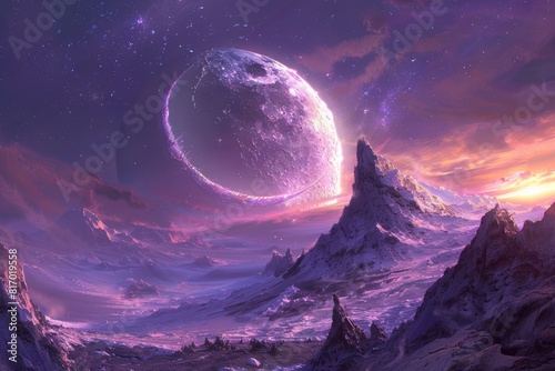 Breathtaking digital artwork of a snowy extraterrestrial terrain under a massive moon