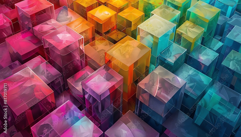 Layers of 3D cubes with vibrant surfaces, creating an illusion of depth, abstract, highresolution, digital art, dynamic and futuristic Layers of 3D cubes with vibrant surfaces, creating an illusion of depth, abstract, highresolution, digital art, dynamic and futuristic