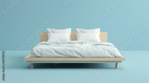Simple and elegant wooden bed frame with white bedding against a blue background. The bed is made of natural wood and has a clean, modern design. photo