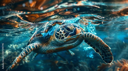 A green sea turtle swims gracefully through a coral reef  its flippers outstretched and its shell glistening in the sunlight.