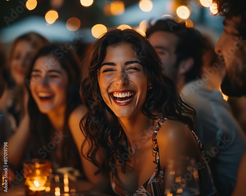 A group of people laughing together at a comedy show, joyful expressions, bright lights, photograph, cheerful and lively atmosphere