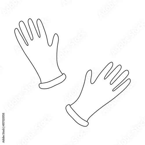 Pair of Latex or Gum Gloves. Linear icon of Two hands. Black simple Illustration of disposable Medical protection, House holding, Gardening. Contour Isolated Vector emblem on white background