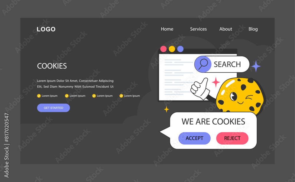 Naklejka premium Cookie technology web banner or landing page dark or night mode.