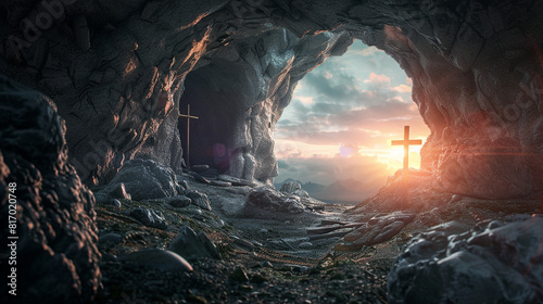 Easter Religious concept: Empty tomb, jesus, Cross and Mountain
