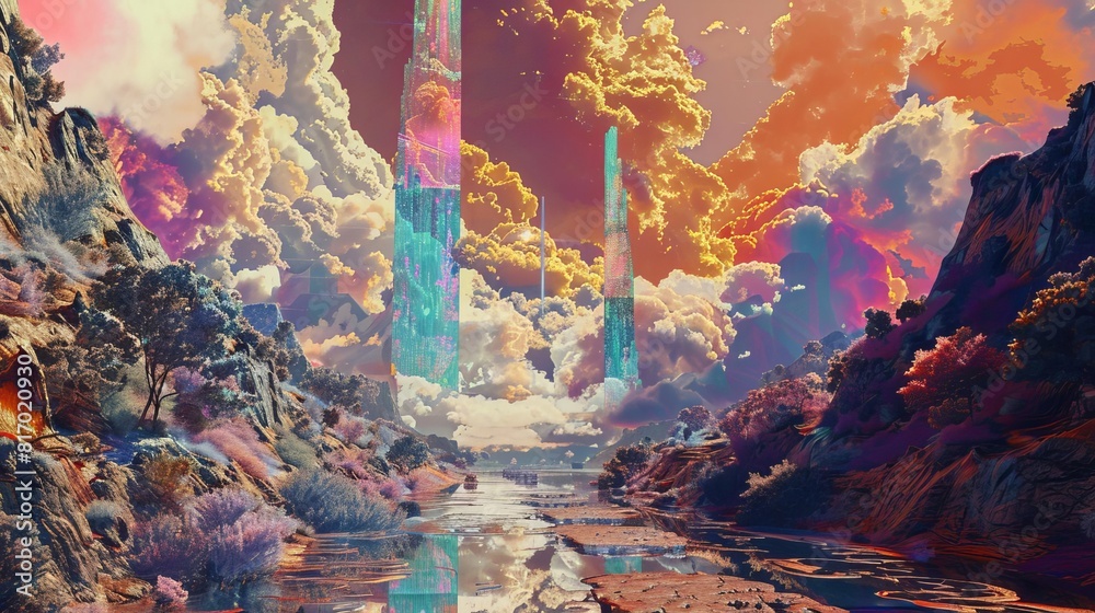 Capture the vastness of Utopian dreams in a long shot design, blending surreal elements with a touch of nostalgia in vivid colors and intricate details