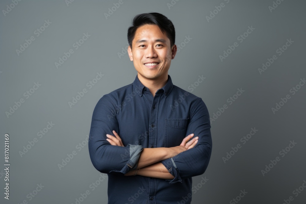 Portrait of a joyful asian man in his 30s with arms crossed in minimalist or empty room background Portrait of a joyful asian man in his 30s with arms crossed in minimalist or empty room background