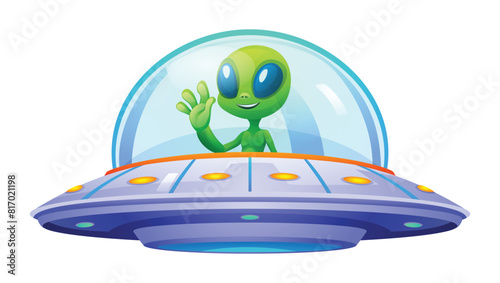 Cute alien riding ufo. Vector cartoon illustration isolated on white background